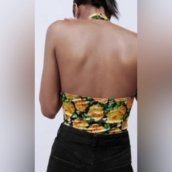 Zara Floral Halter Bodysuit Black Yellow Roses Size S - Picture 14 of 14